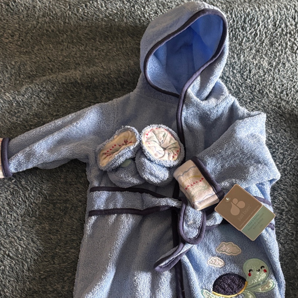 Blue Hooded Baby Bathrobe with Turtle Design